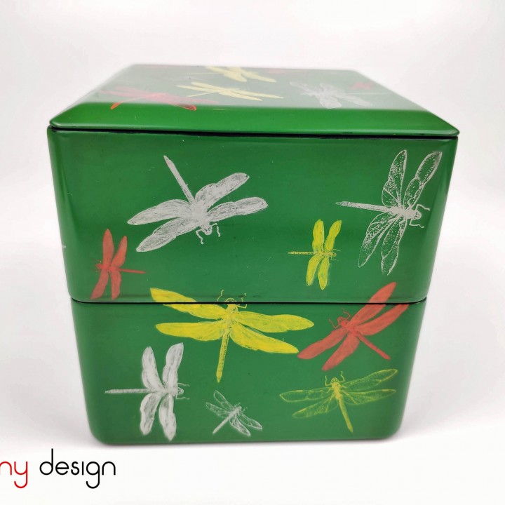  2-tier square green box with hand painted dragonfly 12xH12cm